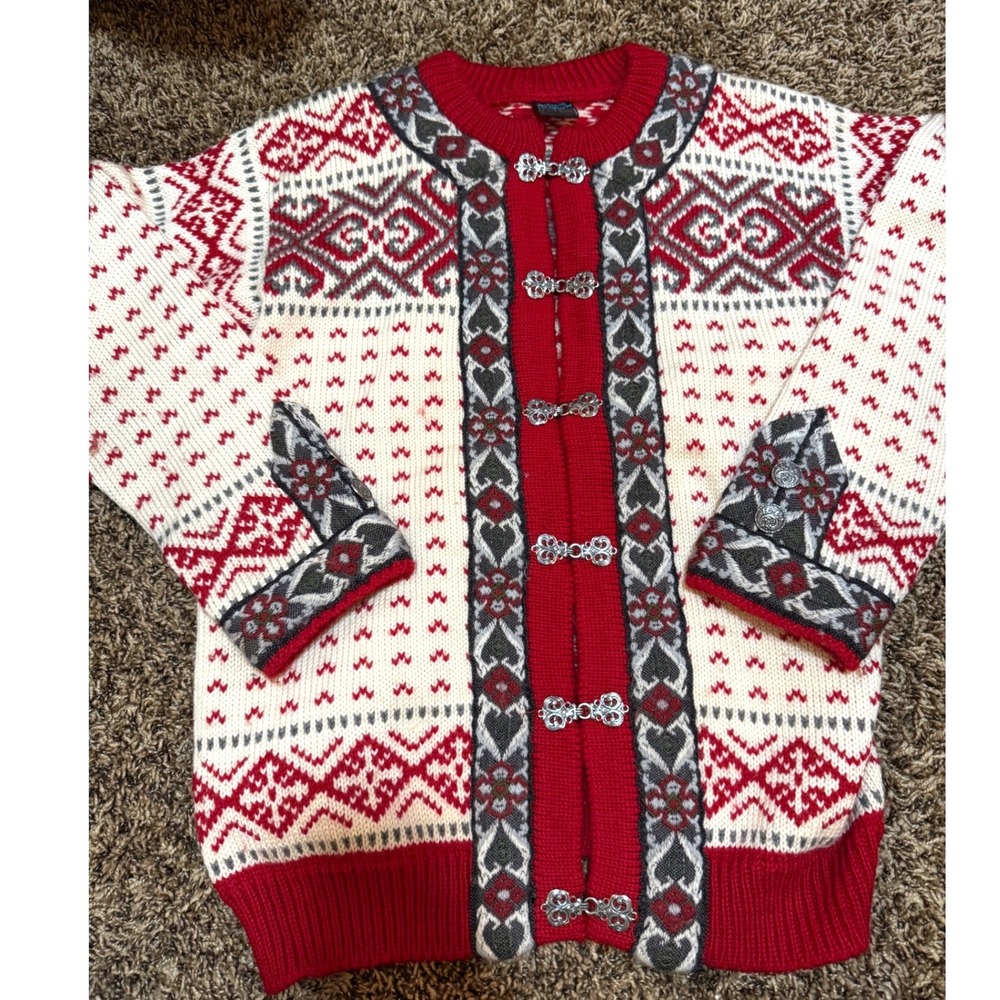 Dale of Norway Wool Cardigan Nordic Fair Isle Pewter Clasp Red White Grey 42